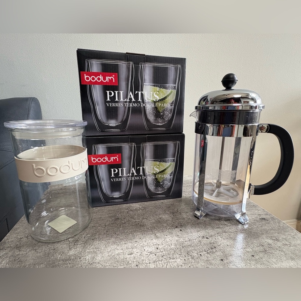 BODUM French Press, Double Wall Glasses, & Storage Container 6pc Bundle